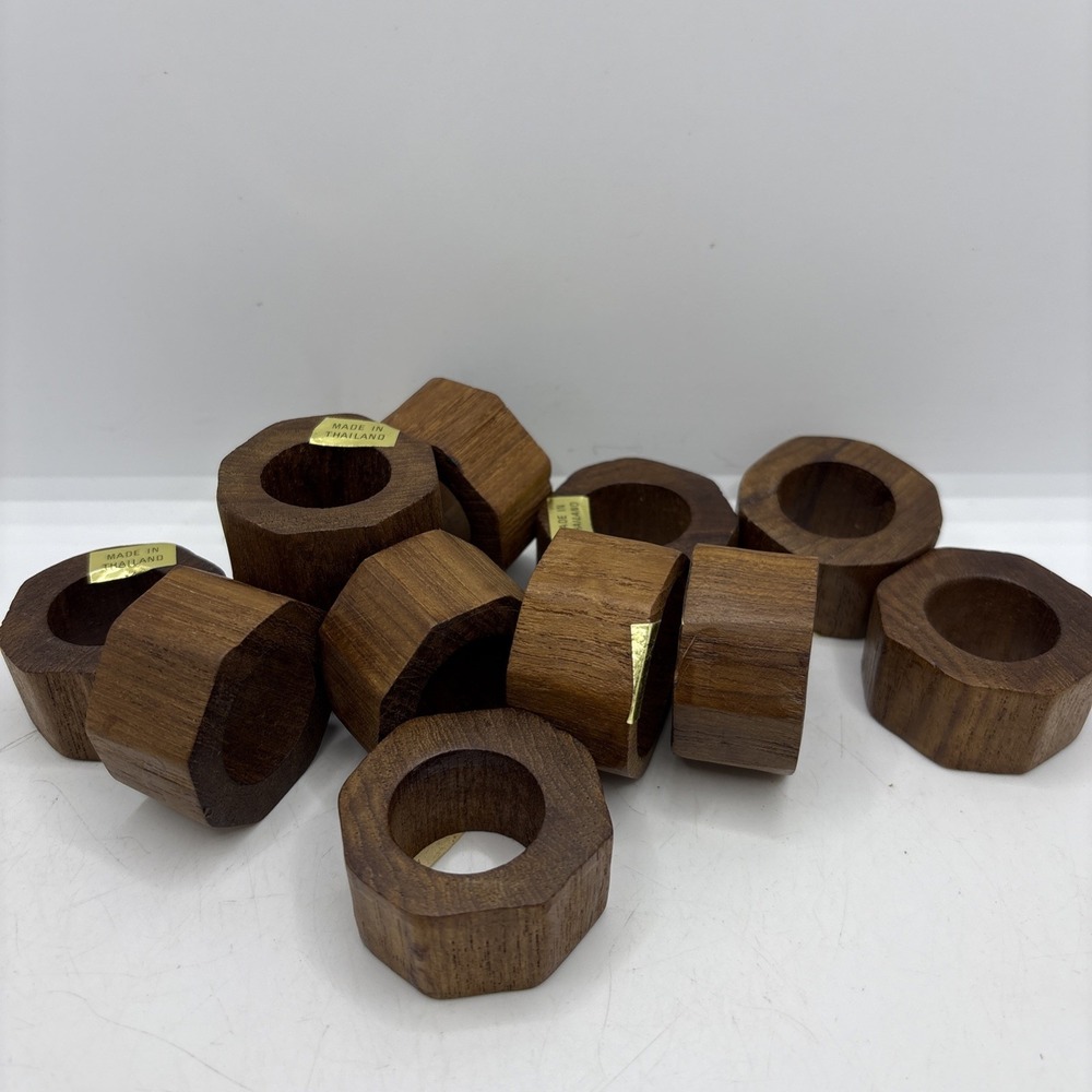Hand‎ Crafted Teak Wood Round Napkin Rings Made in Thailand Set of 12